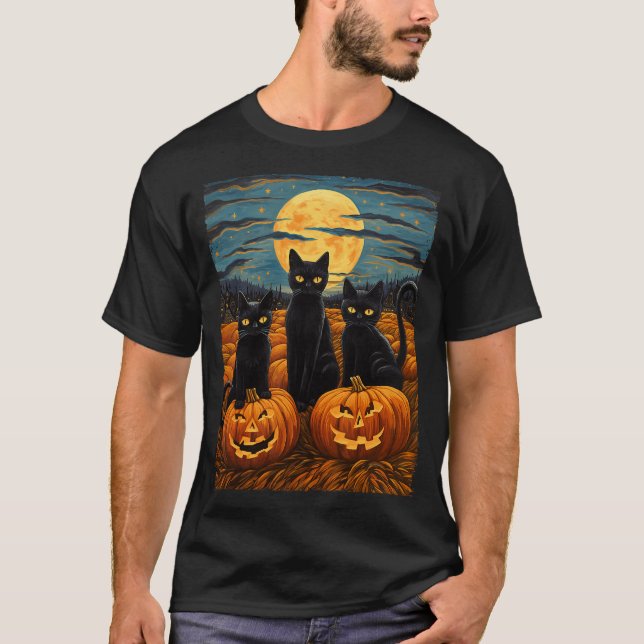 Camiseta Gato negro Halloween Gato ama a gato estrellado va (Anverso)