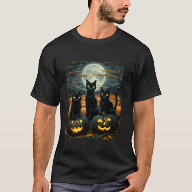 Camiseta Gato negro Halloween Gato Amantes de la luna estre (Anverso)