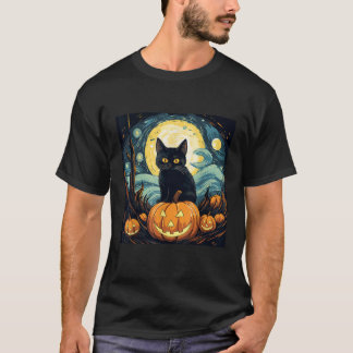 Camiseta Gato Negro Halloween Van Gogh Bruja Noche Estrella