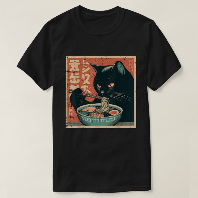Camiseta Gato negro japonés comiendo fideos de Ramen Kitten (Diseño del anverso)