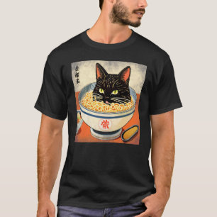 Camiseta Gato negro japonés de serigrafía en un tazón de ra