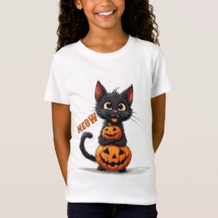 Camiseta Gato negro Kawaii abrazando calabaza Halloween 🎃