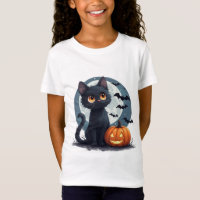 Gato negro Kawaii bajo la luna llena de Halloween 