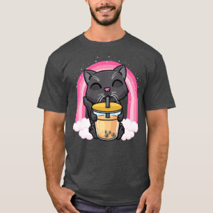 Camiseta Gato negro Kawaii Beber burbuja Té Leche Boba Homb