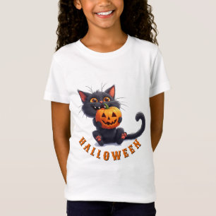 Camiseta Gato negro Kawaii con torre de calabaza Halloween 