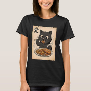 Camiseta Gato negro Kawaii lindo comiendo curry japonés Kat