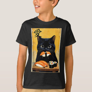 Camiseta Gato negro Kawaii lindo comiendo sushi divertido j