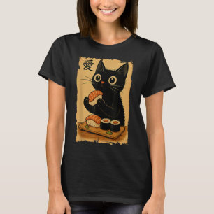 Camiseta Gato negro Kawaii lindo comiendo sushi divertido j
