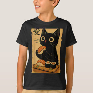 Camiseta Gato negro Kawaii lindo comiendo sushi divertido j