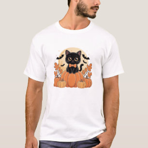 Camiseta Gato negro Kawaii lindo sentado en lazo de calabaz