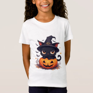 Camiseta Gato negro Kawaii sosteniendo calabaza Halloween �