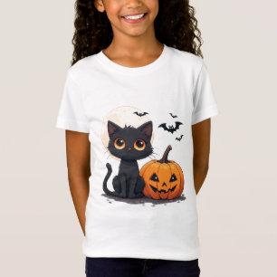 Camiseta Gato Negro Kawaii Tema Mágico de Halloween 🎃
