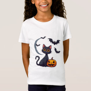 Camiseta Gato Negro Kawaii y Murciélagos Amigables Hallowee