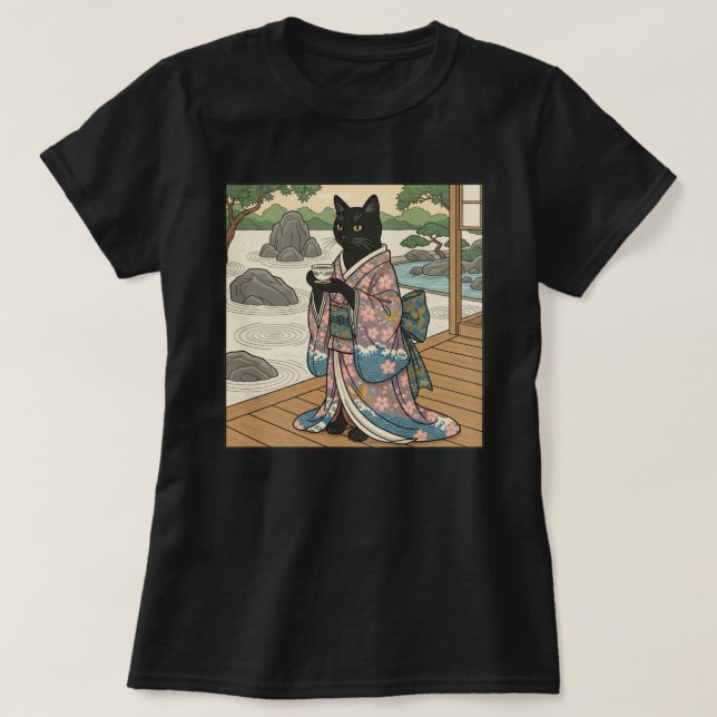 Camiseta Gato Negro Kimono  (Diseño del anverso)