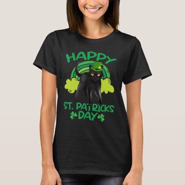 Camiseta Gato negro Leprechaun Shamrock St Patrick (Anverso)