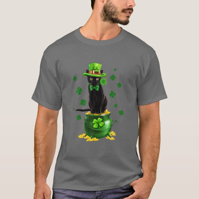 Camiseta Gato negro Leprechauns Gorra Cat Gold Pot St Patri (Anverso)