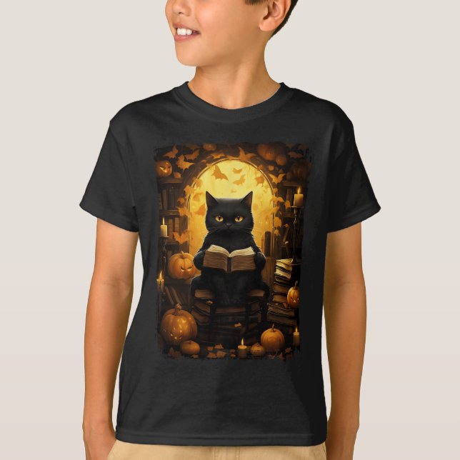 Camiseta Gato negro leyendo libros calabaza profesores de o (Anverso)