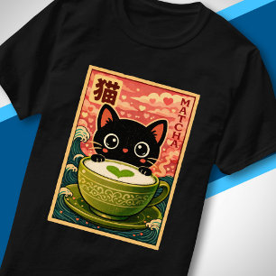 Camiseta Gato negro lindo bebiendo té matcha Kawaii japonés