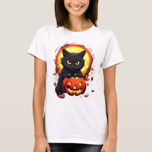 Camiseta Gato negro lindo calabaza de luna llena Halloween