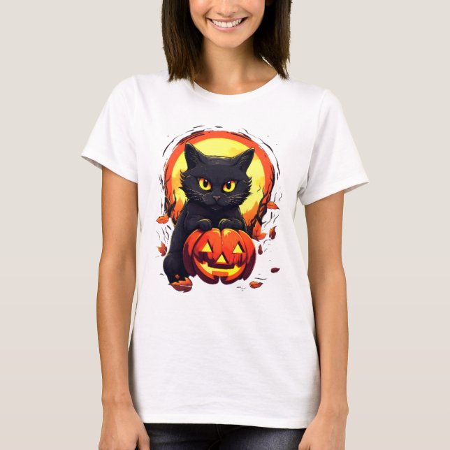 Camiseta Gato negro lindo calabaza de luna llena Halloween  (Anverso)