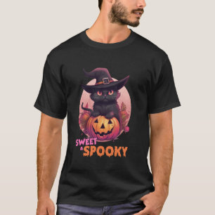 Camiseta Gato Negro Lindo & Calabaza Dulce Espeluznante Lun