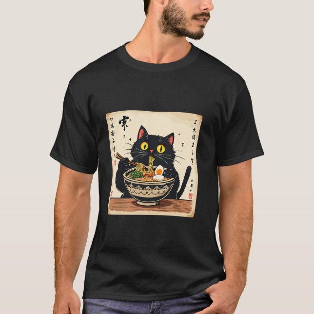 Camiseta Gato negro lindo comiendo fideos de Ramen amor jap (Anverso)
