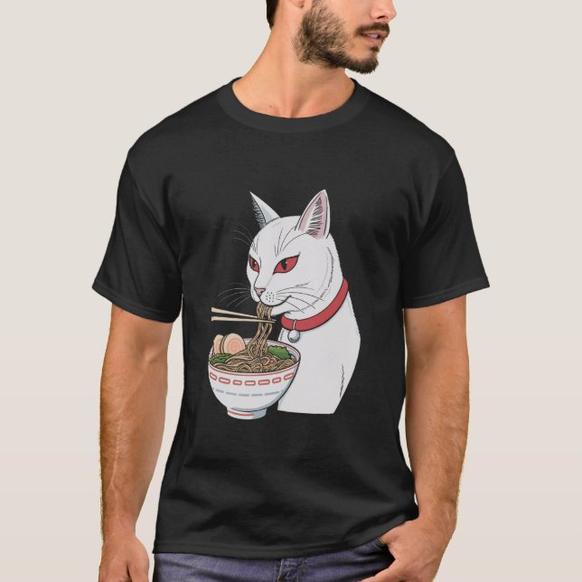 Camiseta Gato negro lindo comiendo Ramen estético japonés (Anverso)