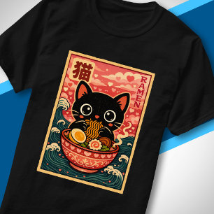 Camiseta Gato negro lindo comiendo ramen Kawaii Amor japoné
