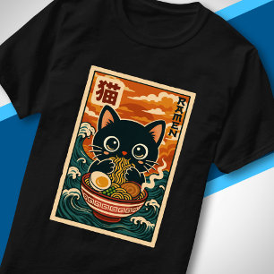 Camiseta Gato negro lindo comiendo ramen Ola japonesa retro