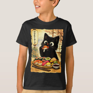 Camiseta Gato negro lindo comiendo sushi comida japonesa ka