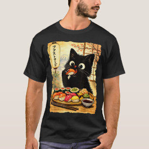 Camiseta Gato negro lindo comiendo sushi comida japonesa ka