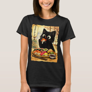 Camiseta Gato negro lindo comiendo sushi kawaii comida japo