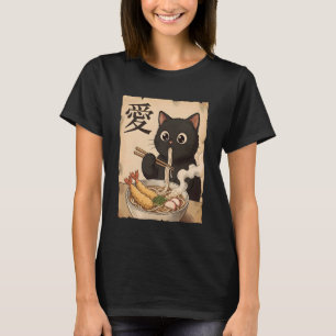 Camiseta Gato negro lindo comiendo udon Anime Amante de fid