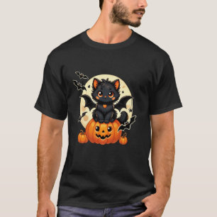 Camiseta Gato negro lindo con calabaza de alas de murciélag