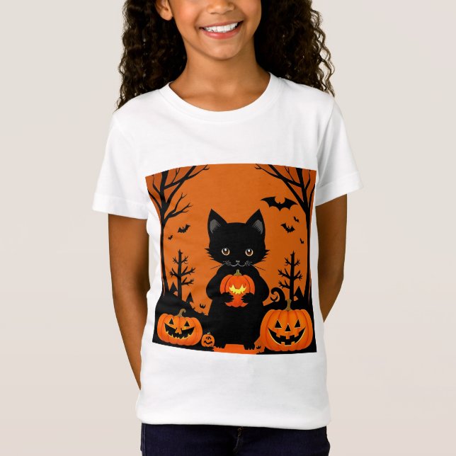 Camiseta Gato negro lindo con calabazas de Halloween (Anverso)