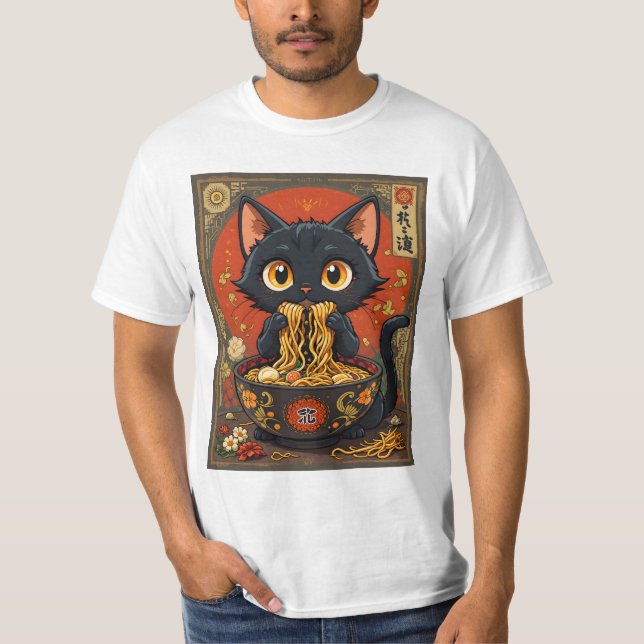 Camiseta Gato negro lindo con fideos (Anverso)