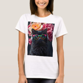 Camiseta Gato negro lindo con gafas y audífonos