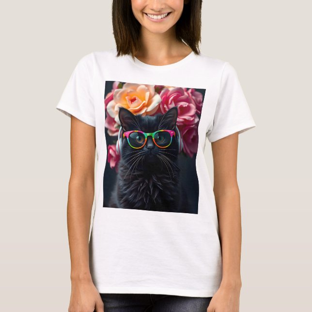 Camiseta Gato negro lindo con gafas y audífonos (Anverso)