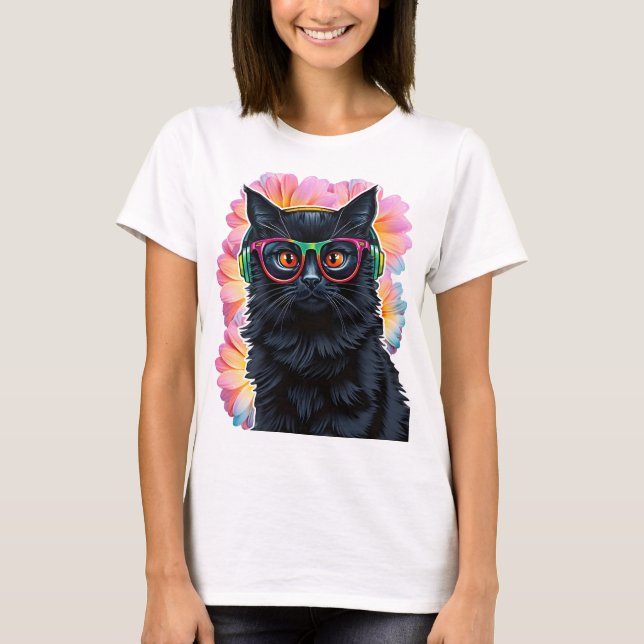 Camiseta Gato negro lindo con gafas y audífonos (Anverso)