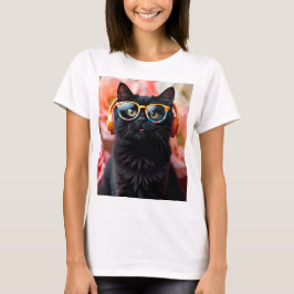 Camiseta Gato negro lindo con gafas y audífonos