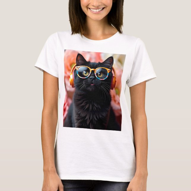 Camiseta Gato negro lindo con gafas y audífonos (Anverso)