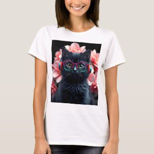 Camiseta Gato negro lindo con gafas y audífonos