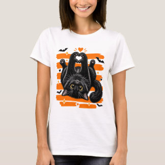 Camiseta Gato negro lindo corazón patas Halloween