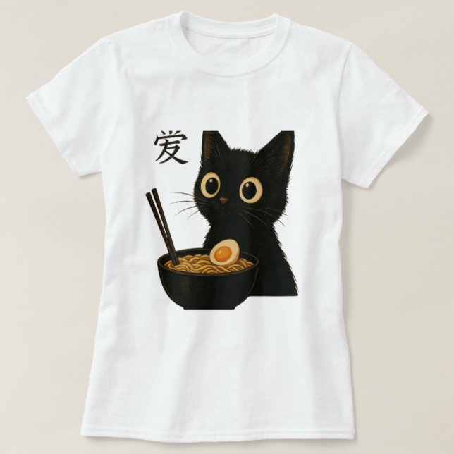 Camiseta Gato negro lindo disfrutando el Ramen - divertido  (Diseño del anverso)