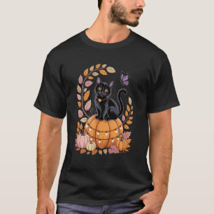 Camiseta Gato negro lindo en calabaza con luces de hadas y