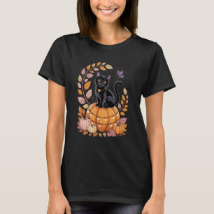 Camiseta Gato negro lindo en calabaza con luces de hadas y