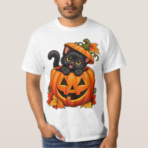 Camiseta Gato negro lindo en calabaza de Halloween temporad