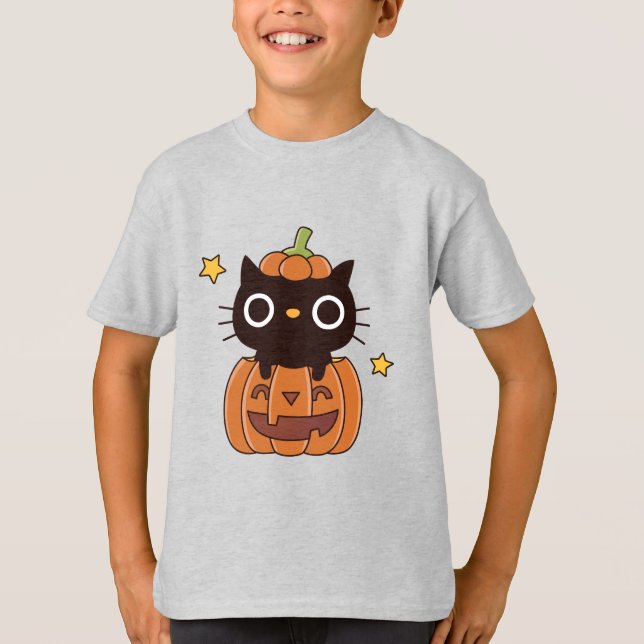 Camiseta Gato negro lindo en calabaza tallando feliz Hallow (Anverso)
