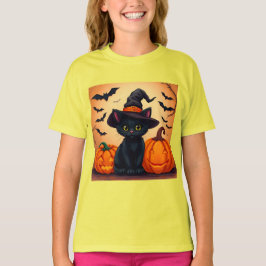 Camiseta Gato negro lindo en sombrero de bruja rodeado de c