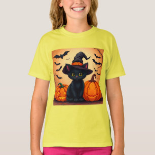 Camiseta Gato negro lindo en sombrero de bruja rodeado de c